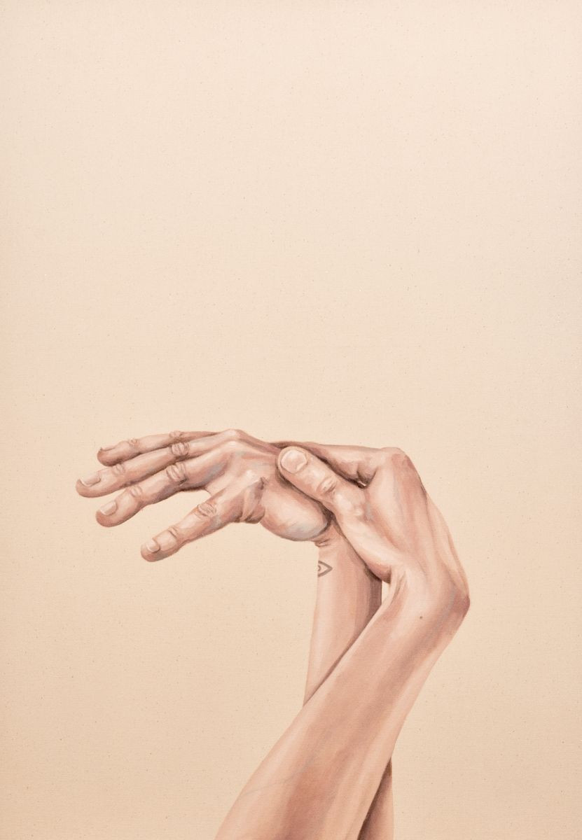 Autoportrait aux mains de Schiele, mains sur la poitrine Huile sur toile 56 x 80,5 cm 2013 Schiele-main-sur-poitrine