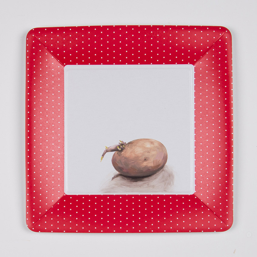Nature morte à la pomme de terre germée, Huile sur assiettes en carton, 26 x 26 cm, 2014 Pdt-germee